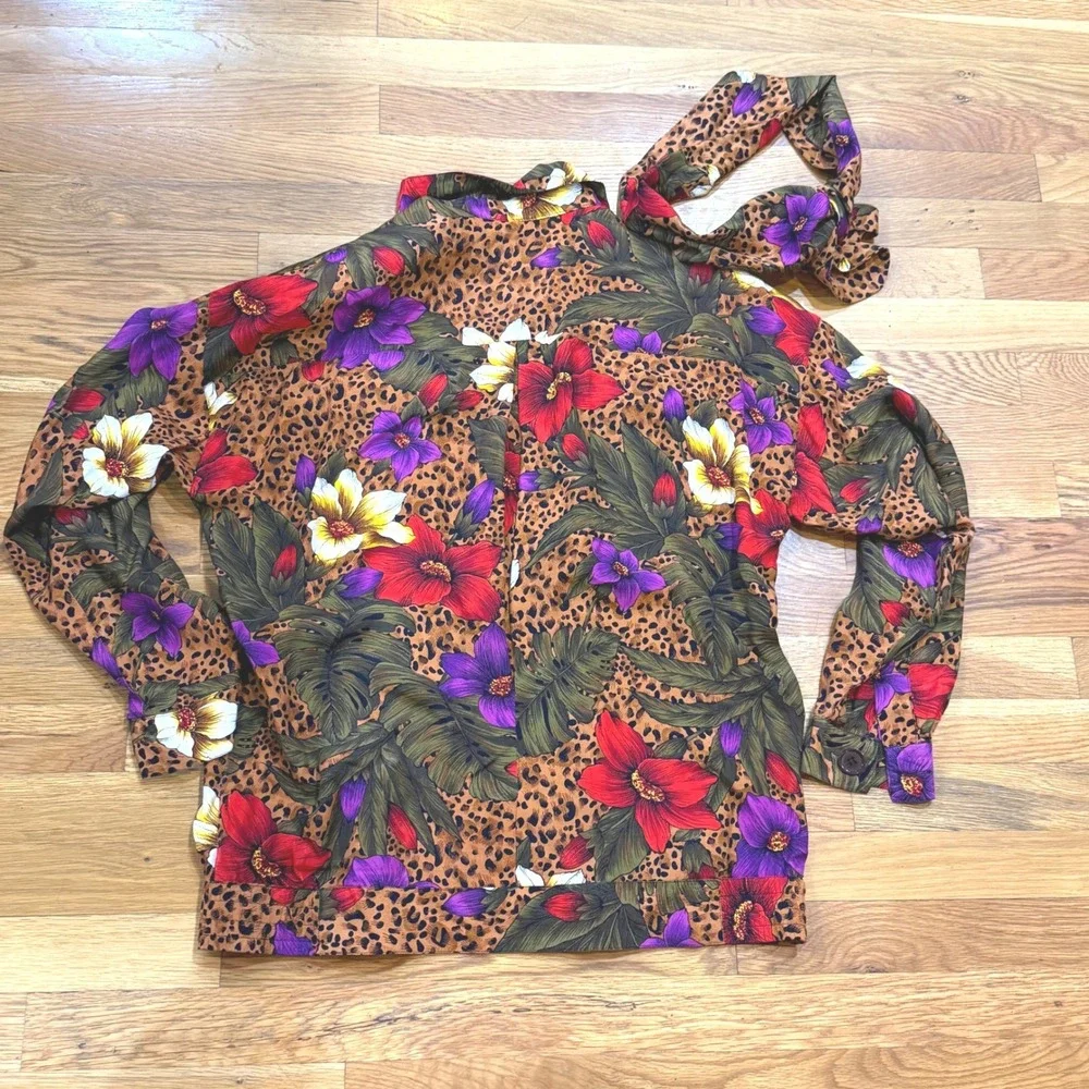 SK & Company Vintage‎ Leopard Floral Rayon Tie Neck Button Up Jacket Womens 10